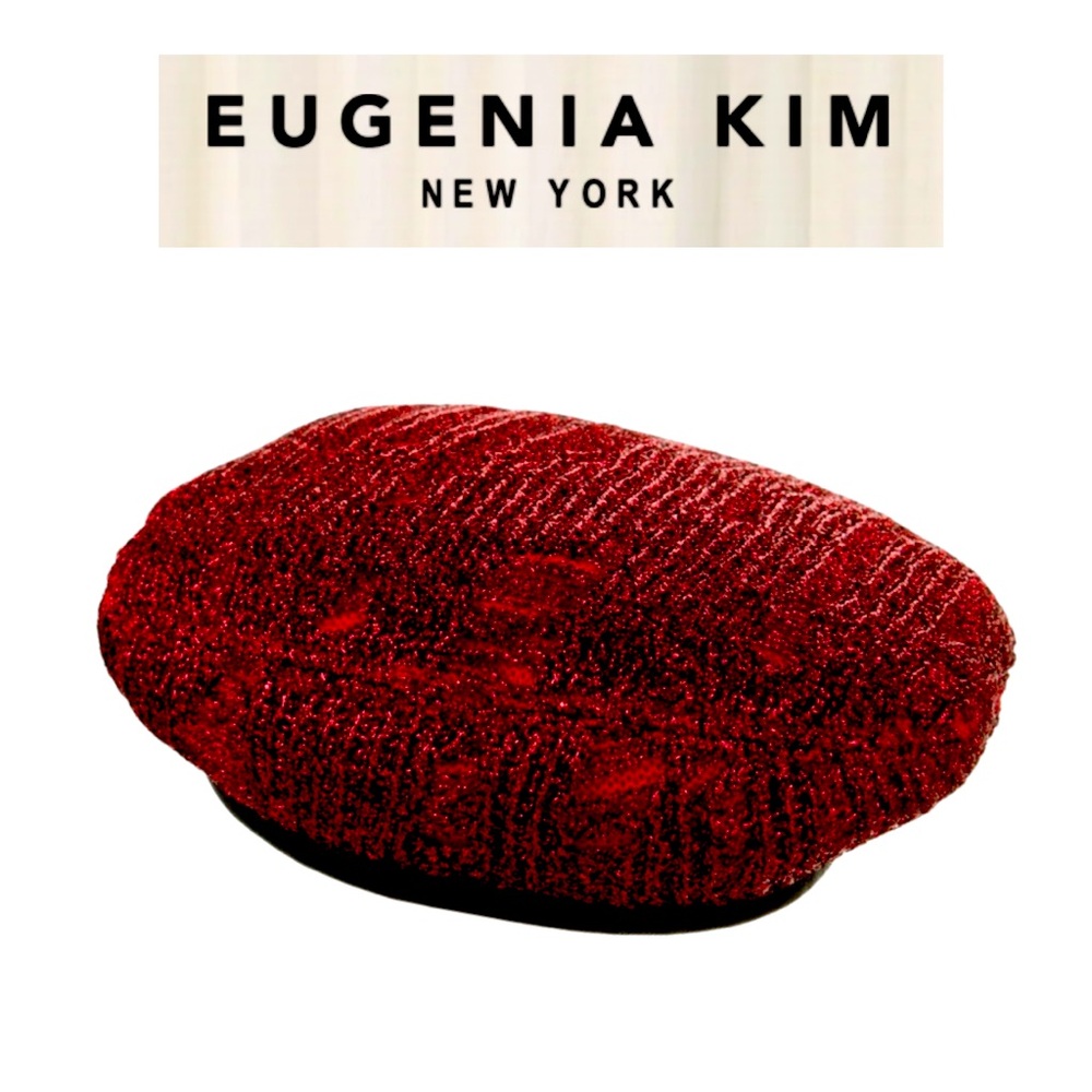 Eugenia Kim Sparkling Metallic Crimson Red Wool-Blend Tweed Beret Adjustable Fit